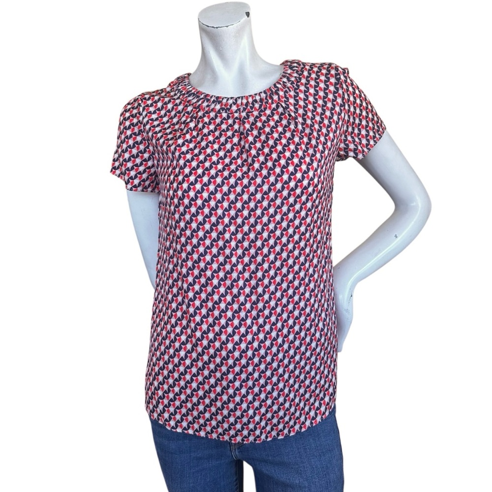 Boden Carey Pink Red Navy High Neck Short Sleeve Silk Blend Blouse Size US 2